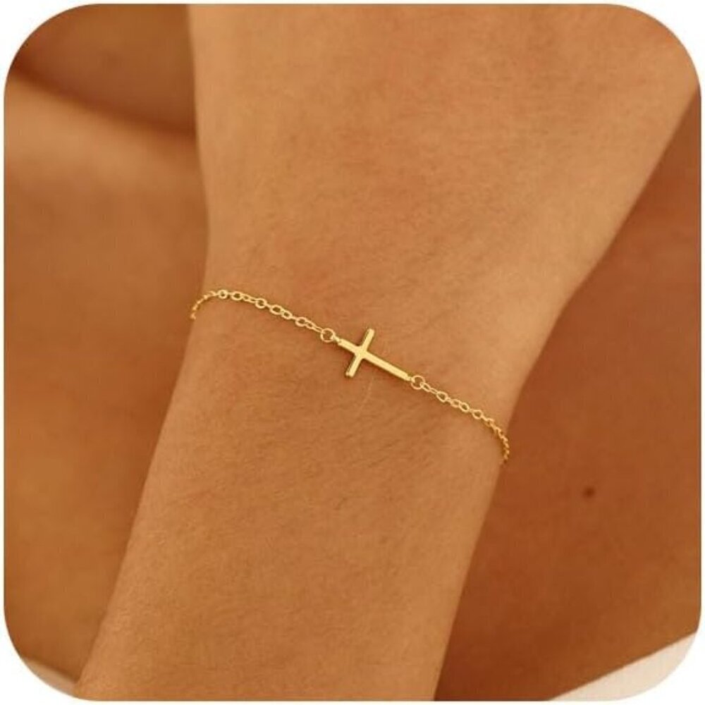 Dainty Gold Cross Bracelet 14K Gold Plated Adjustable Jewelry for Women